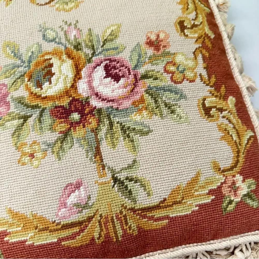 Large Rose Embroidered Tapestry Accent Pillow Tan Pink Tassels Boho Grandma Core